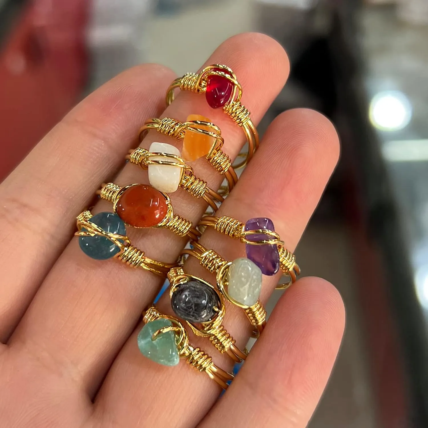 9 PCS Healing Crystal Ring, Adjustable Wire Wrapped Rings Irregular Gemstone Rings Set for Women