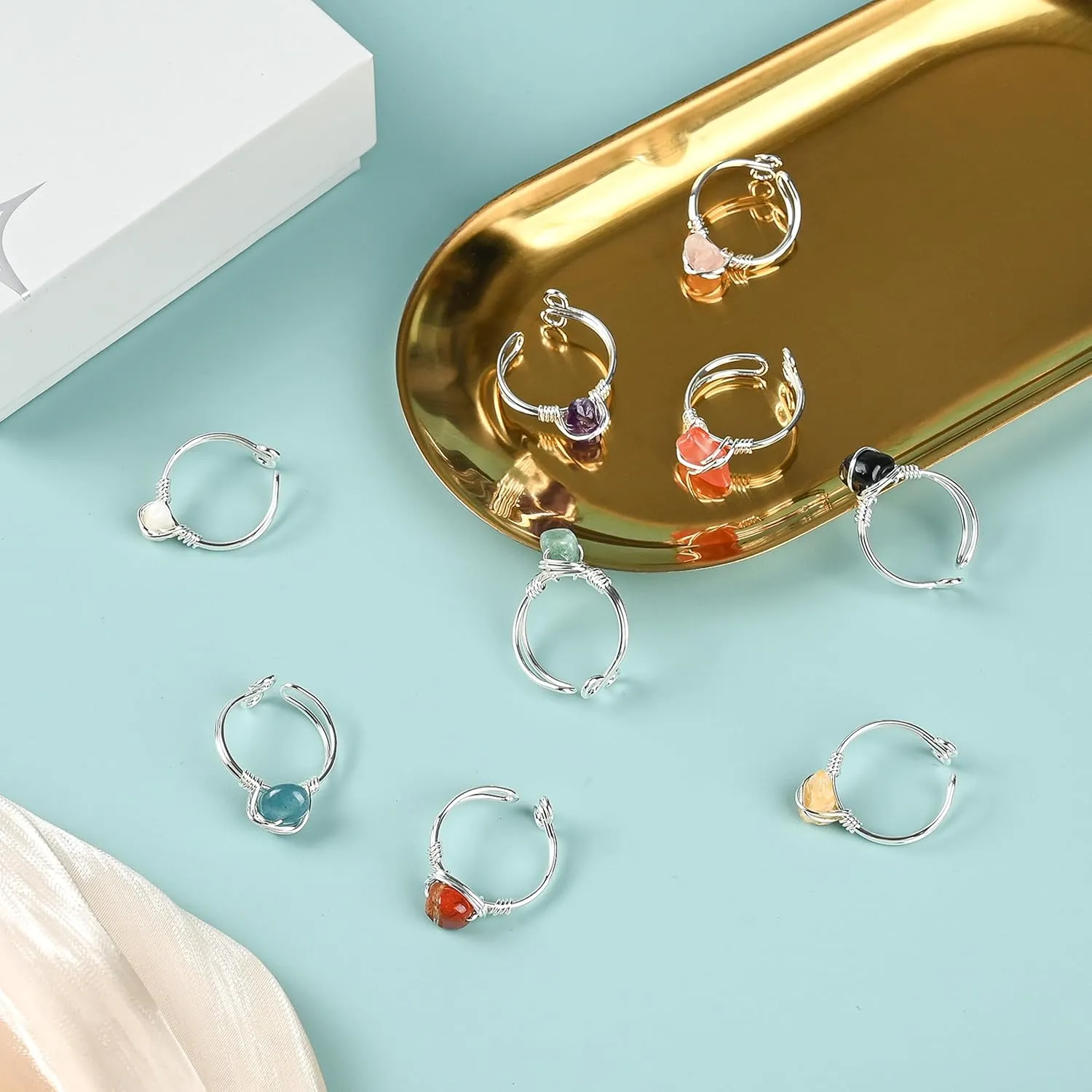 9 PCS Healing Crystal Ring, Adjustable Wire Wrapped Rings Irregular Gemstone Rings Set for Women