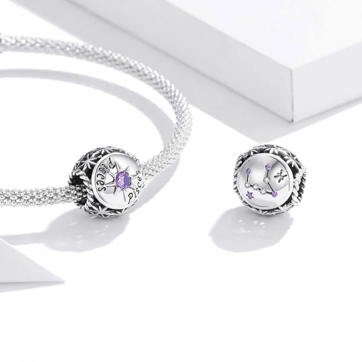 925 Sterling Silver Zodiac Zircon Bead Bracelet / Necklace Set Pisces Style - Pisces