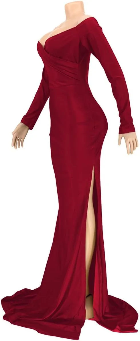 A ADILACA Women's Off Shoulder High Split Long Formal Party Maxi Dress, Off Shoulder High Split Dress