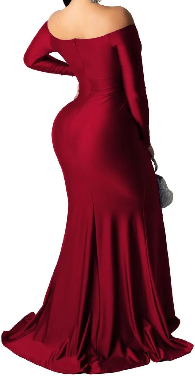 A ADILACA Women's Off Shoulder High Split Long Formal Party Maxi Dress, Off Shoulder High Split Dress
