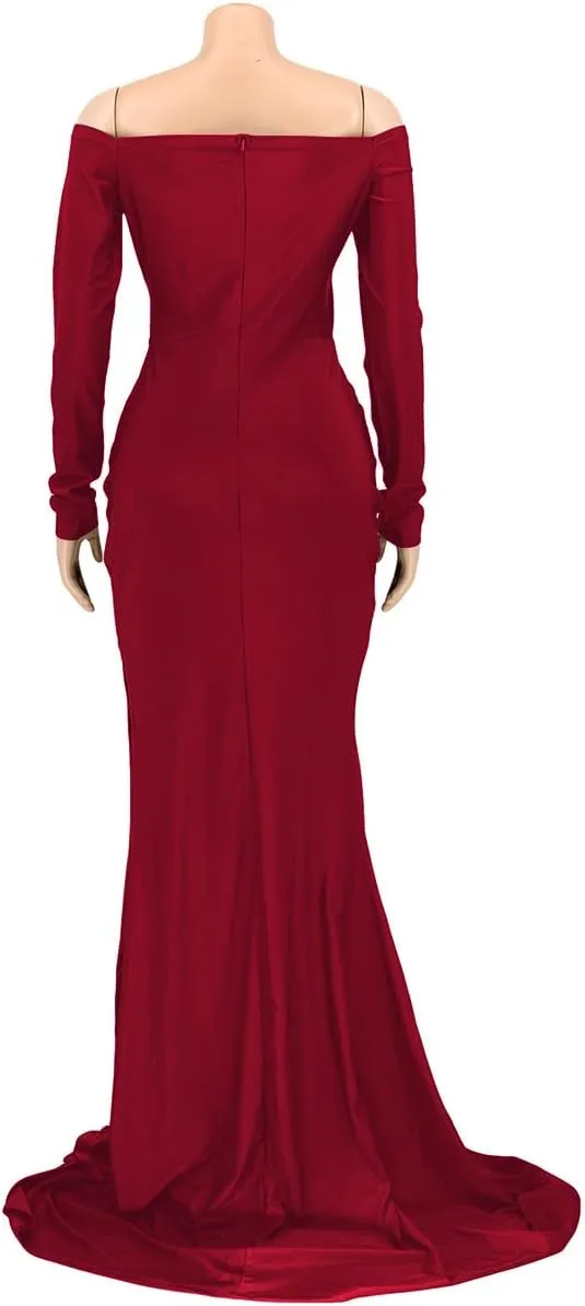 A ADILACA Women's Off Shoulder High Split Long Formal Party Maxi Dress, Off Shoulder High Split Dress