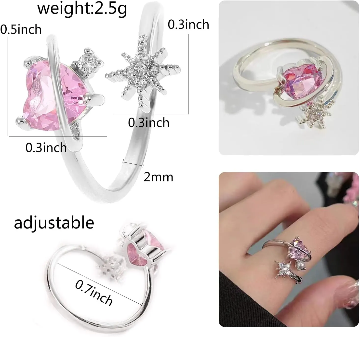 Adjustable Crystal Love Heart Cocktail Rings Elegant Open Rhinestone Engagement Wedding Statement Rings Uniquely Fashion Jewelry for Women Gift