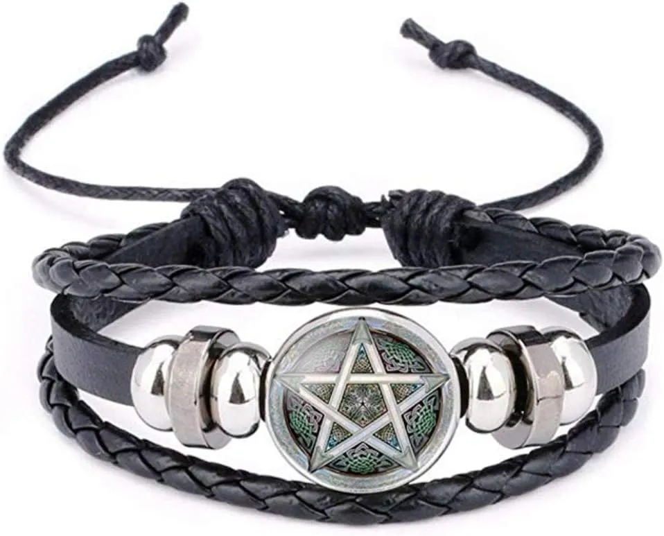 Anti-Possesion Pentagram Themed Leather Braided Bracelet for Men and Women