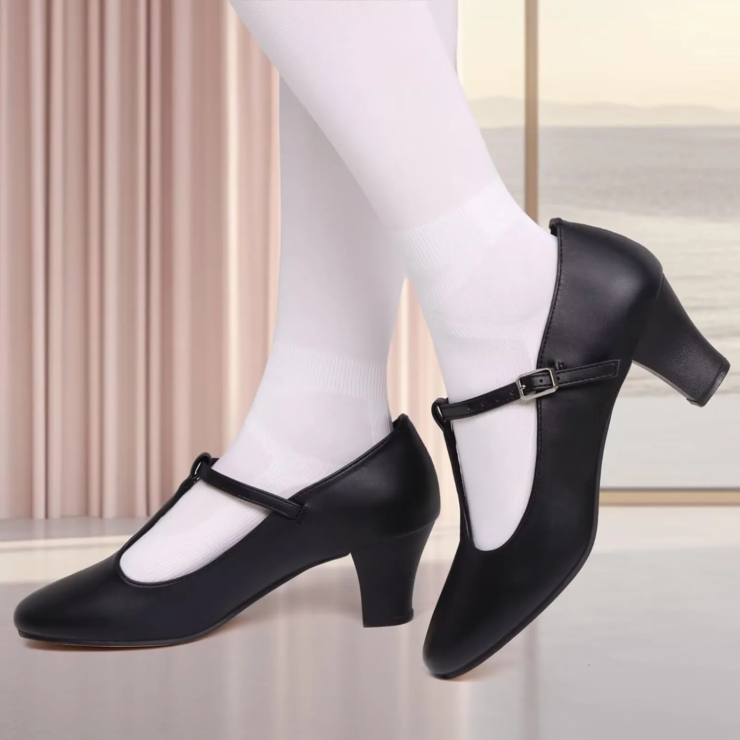 ARCLIBER Character Shoes for Women PU Leather T Strap 2.3" Dance Heels for Ballroom Salsa Tango