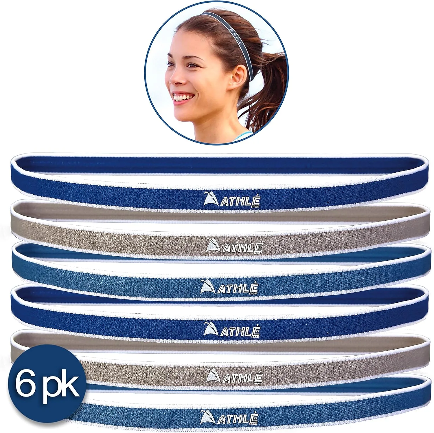 Athl Skinny Headbands for Women and Men - 6 Pack - Elastic Headbands for Women and Men - Non Slip Silicone Grip - Lightweight and Comfortable Thin Headbands