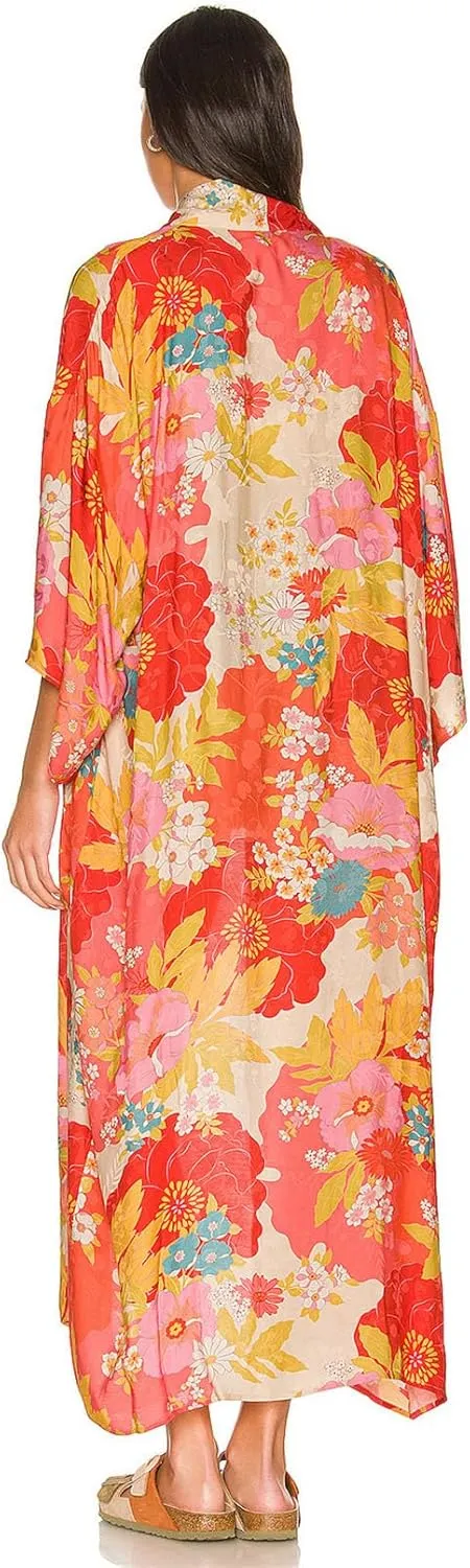 Beach Style Rayon Cotton Long Robe Holiday Resort Wear Beach Cover Up Bohemian Kimono