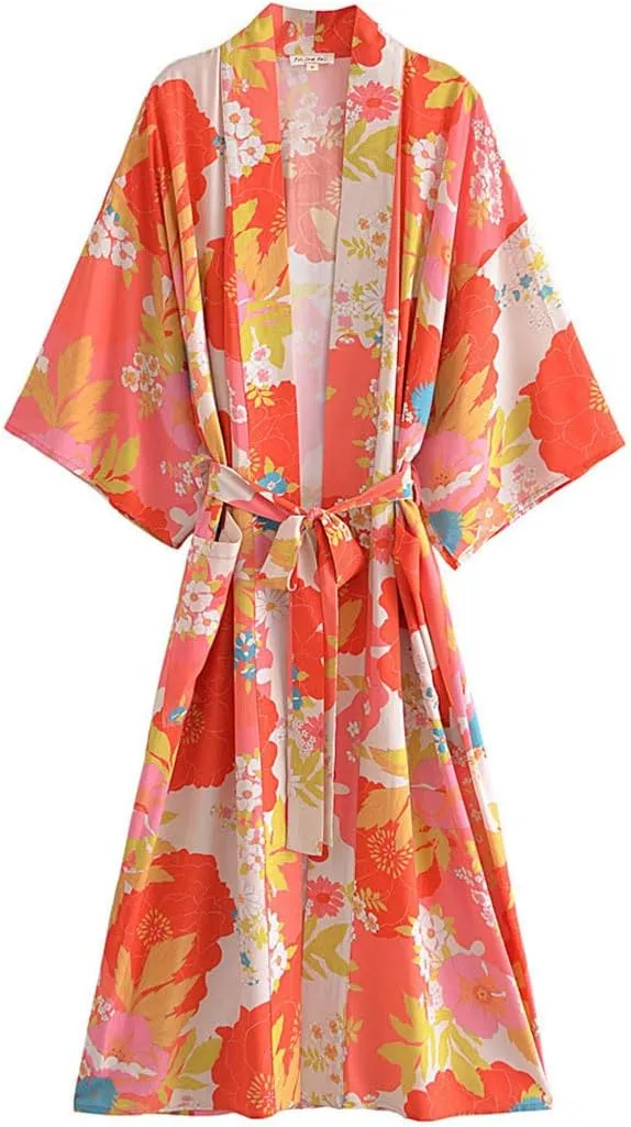 Beach Style Rayon Cotton Long Robe Holiday Resort Wear Beach Cover Up Bohemian Kimono