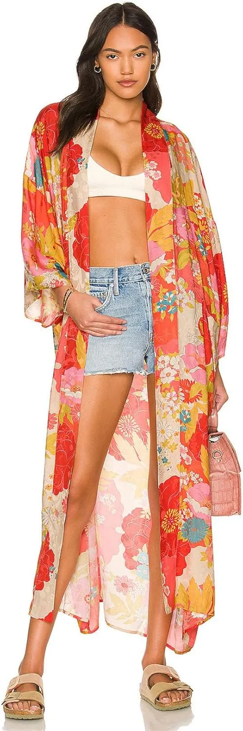 Beach Style Rayon Cotton Long Robe Holiday Resort Wear Beach Cover Up Bohemian Kimono