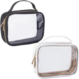 Beebeecraft 2Pcs Clear Makeup Bags with Handle PVC PU Leather White Black Transparent Toiletry Cosmetic Bags Zipper for Travel Women Storage
