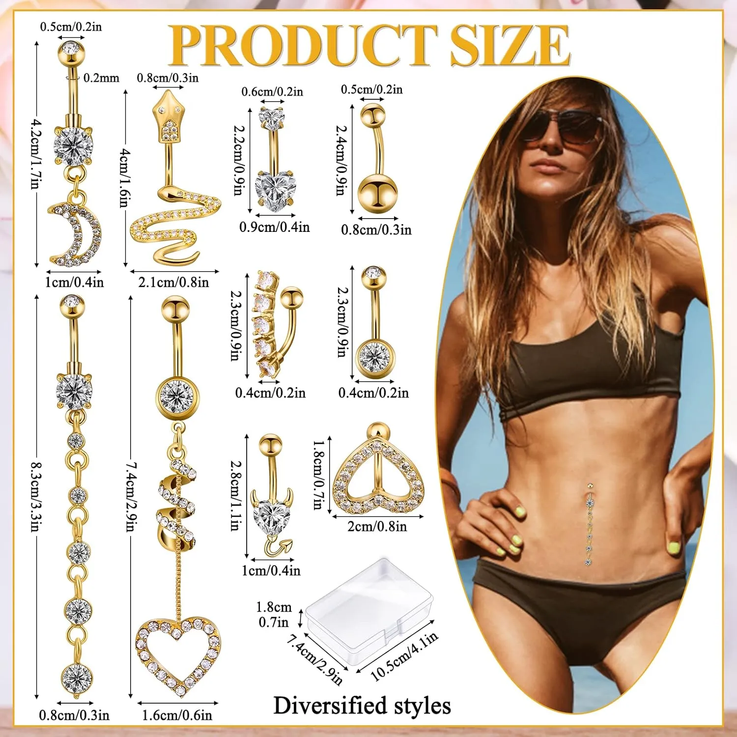 Belly Button Piercing Ring for Women, 10 PCS 14G Surgical Steel Belly Button Rings Barbell Jewelry Rings Bulk for Body Piercing with Long Bar Dangle Curved Navel Rings Heart Belly Ring