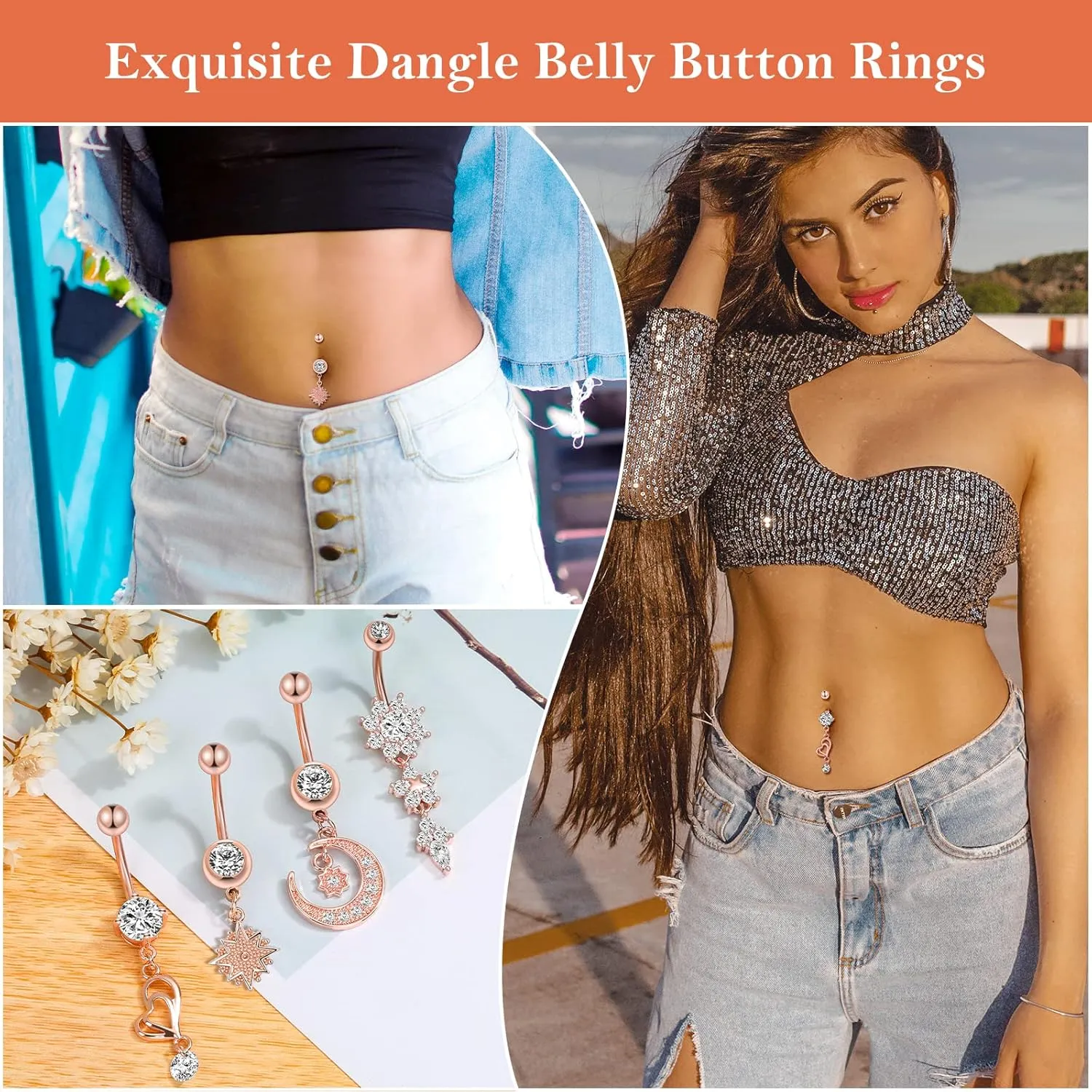 Belly Button Piercing Ring for Women, 10 PCS 14G Surgical Steel Belly Button Rings Barbell Jewelry Rings Bulk for Body Piercing with Long Bar Dangle Curved Navel Rings Heart Belly Ring