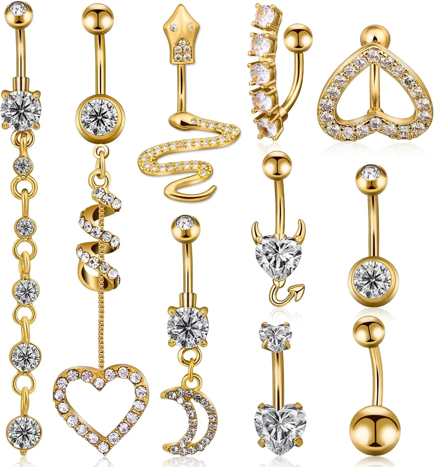 Belly Button Piercing Ring for Women, 10 PCS 14G Surgical Steel Belly Button Rings Barbell Jewelry Rings Bulk for Body Piercing with Long Bar Dangle Curved Navel Rings Heart Belly Ring