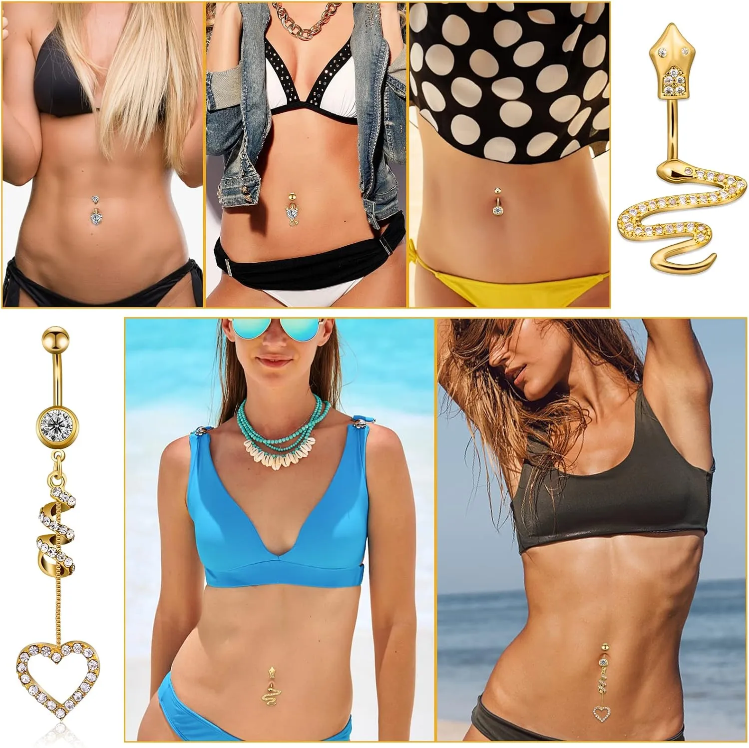 Belly Button Piercing Ring for Women, 10 PCS 14G Surgical Steel Belly Button Rings Barbell Jewelry Rings Bulk for Body Piercing with Long Bar Dangle Curved Navel Rings Heart Belly Ring