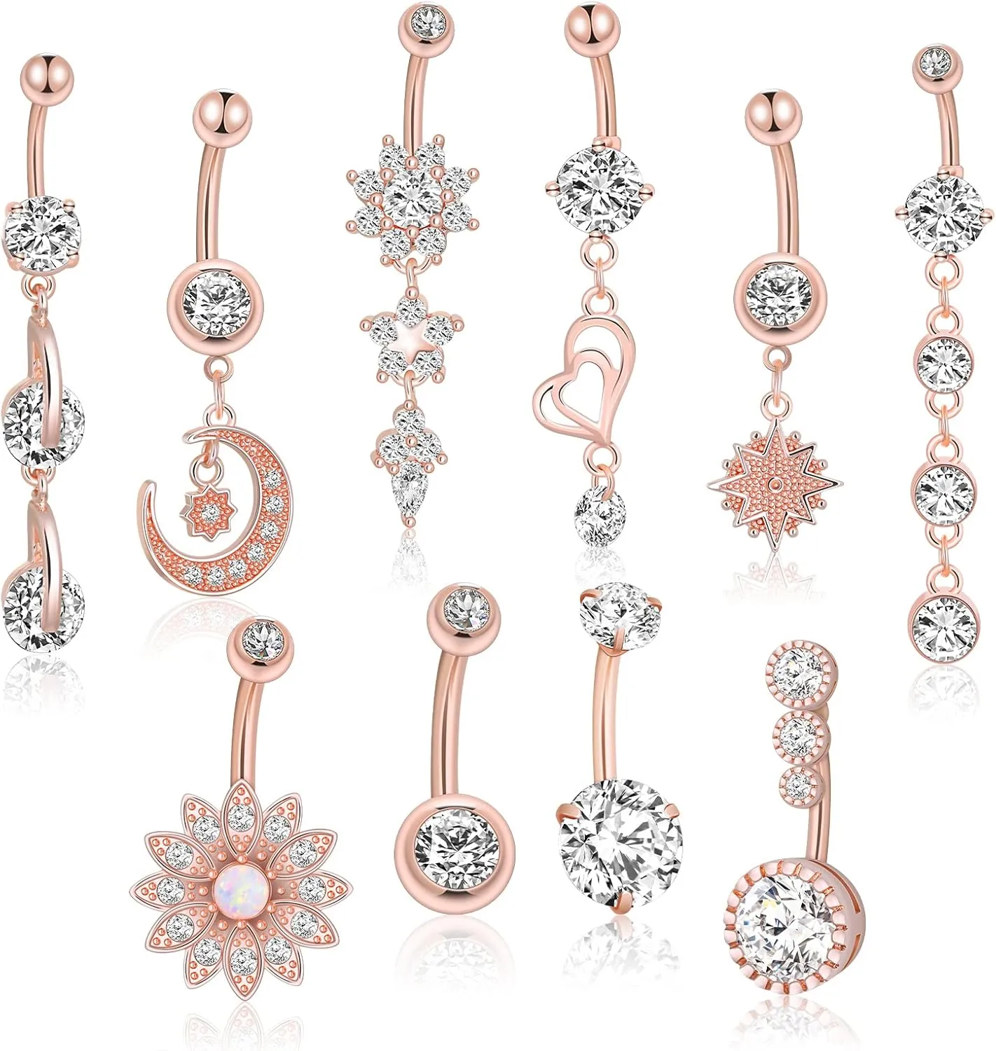Belly Button Piercing Ring for Women, 10 PCS 14G Surgical Steel Belly Button Rings Barbell Jewelry Rings Bulk for Body Piercing with Long Bar Dangle Curved Navel Rings Heart Belly Ring