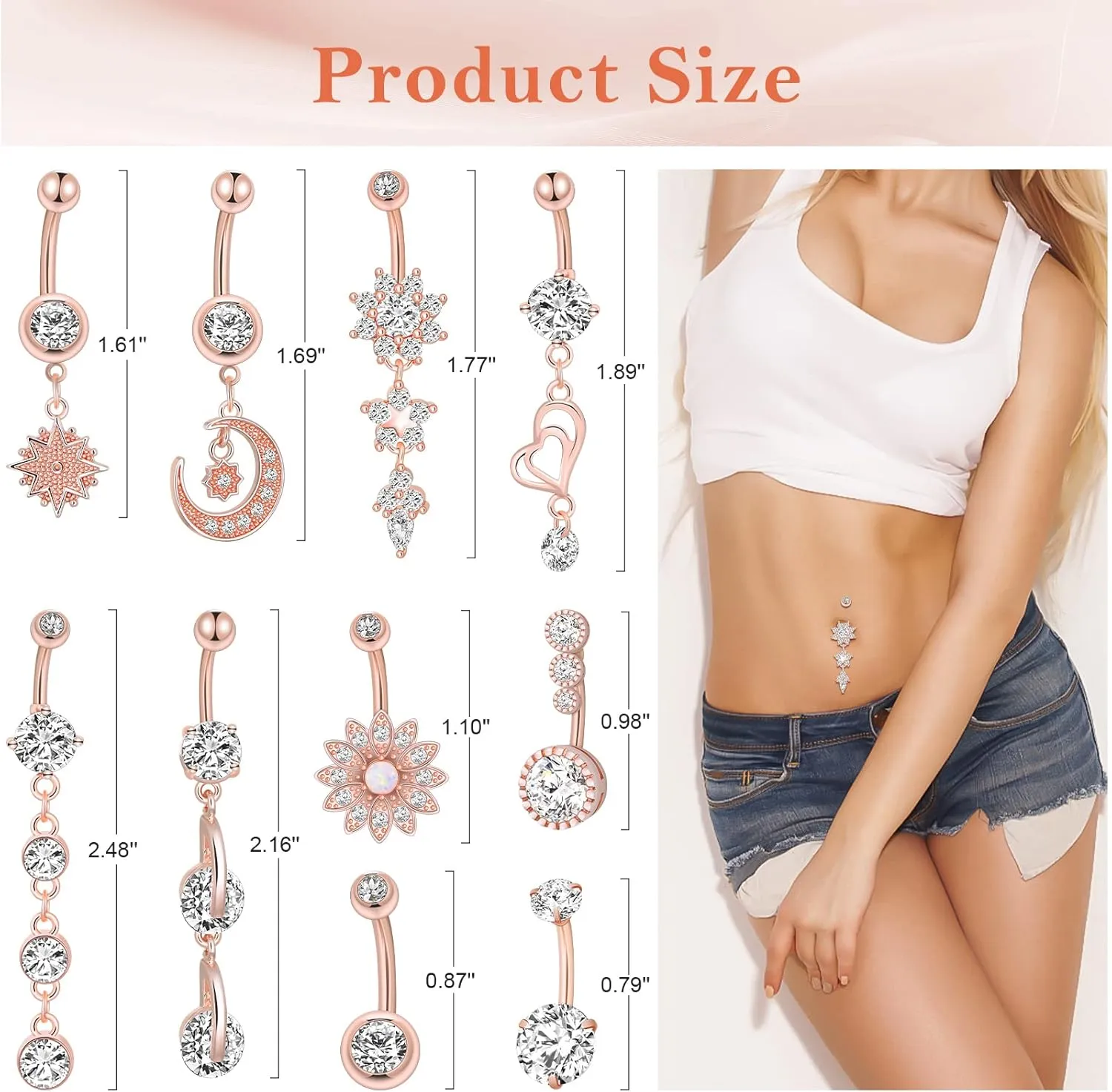 Belly Button Piercing Ring for Women, 10 PCS 14G Surgical Steel Belly Button Rings Barbell Jewelry Rings Bulk for Body Piercing with Long Bar Dangle Curved Navel Rings Heart Belly Ring