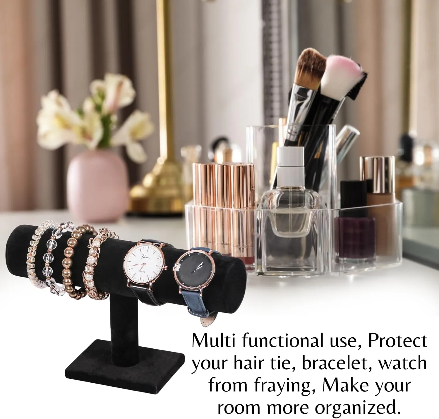 Black Velvet T-Bar Bracelet Display Stand - Jewelry Organizer Tower Stands for Necklace Bangles Pendants Watch Anklets Scrunchie Storage - Hair Tie Organizer for Selling or Personal Use