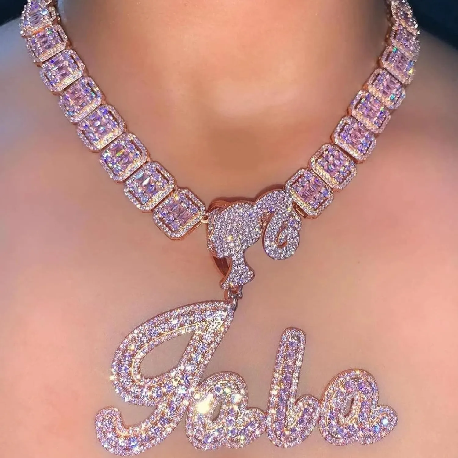 BlingSparkle Custom Chain Iced Out Pendants for Men Name Necklace Personalized Bubble Letter Necklace 18K Gold Plated Custom Letter Pendant Hip Hop Jewelry with Rope Chain for Women
