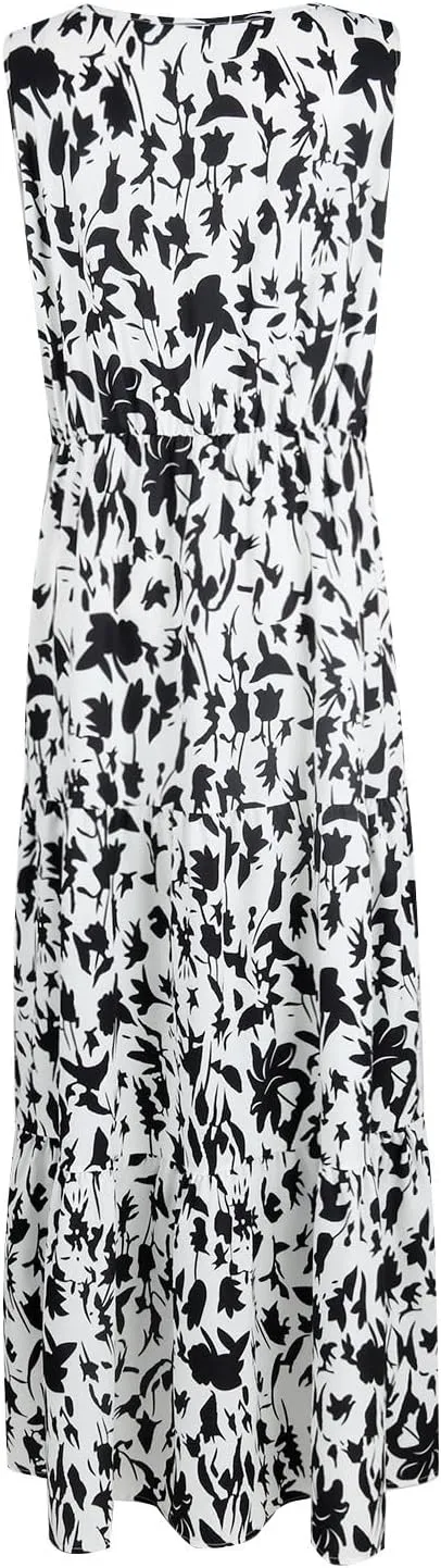Boho Dresses for Women 2025 Summer Casual Flowy Floral Sleeveless Wrap Empire Waist Pleated Beach A Line Maxi Dresses