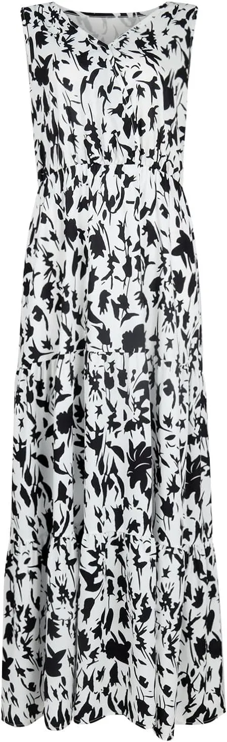 Boho Dresses for Women 2025 Summer Casual Flowy Floral Sleeveless Wrap Empire Waist Pleated Beach A Line Maxi Dresses