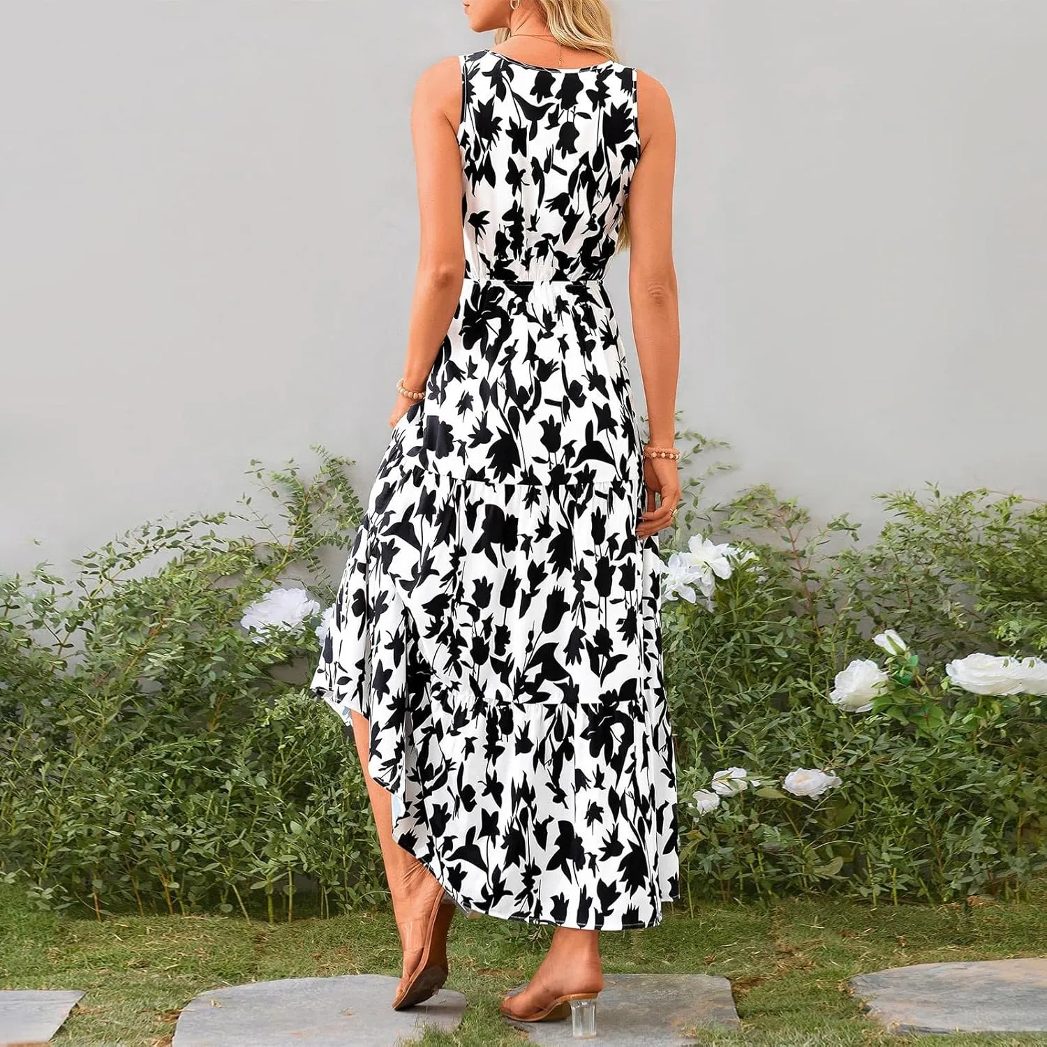 Boho Dresses for Women 2025 Summer Casual Flowy Floral Sleeveless Wrap Empire Waist Pleated Beach A Line Maxi Dresses