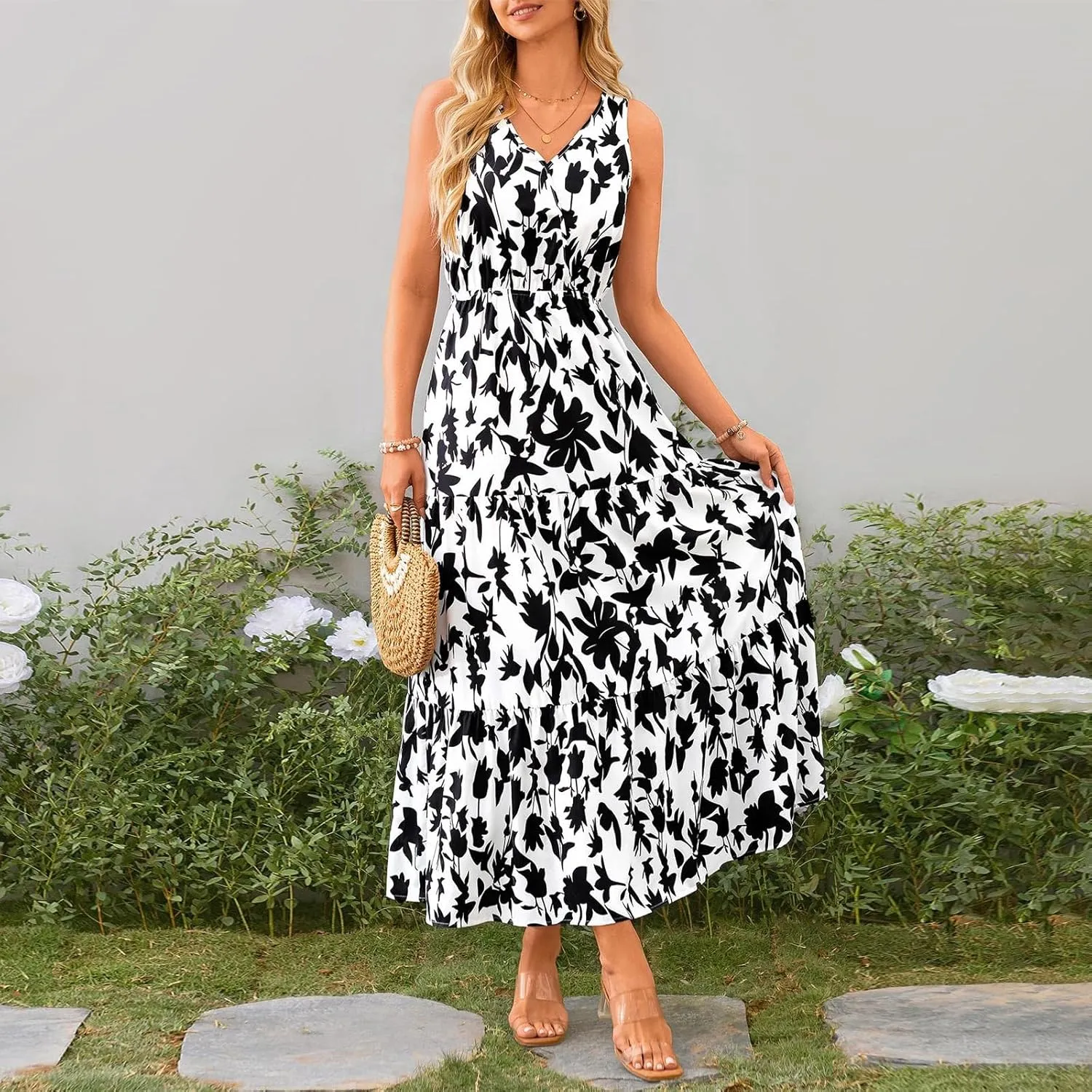 Boho Dresses for Women 2025 Summer Casual Flowy Floral Sleeveless Wrap Empire Waist Pleated Beach A Line Maxi Dresses