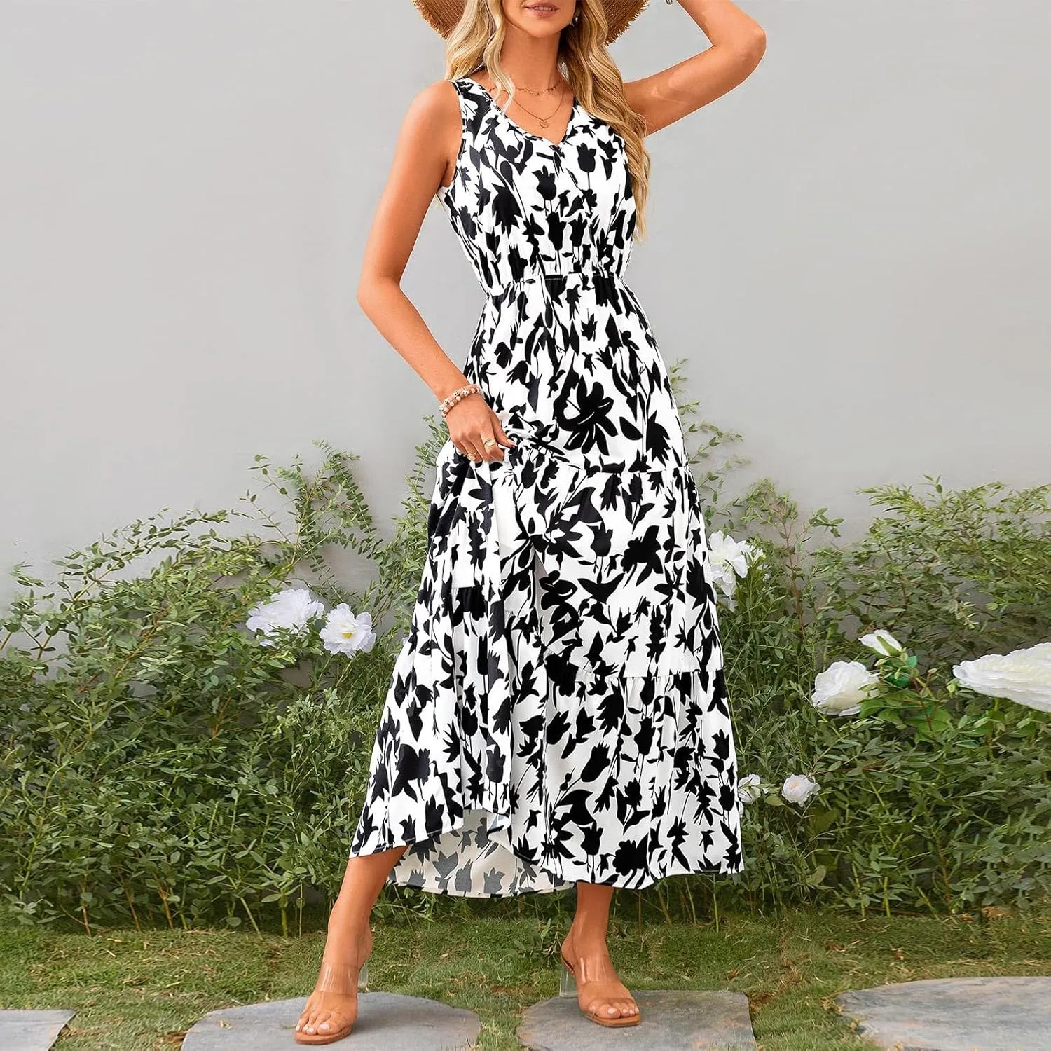 Boho Dresses for Women 2025 Summer Casual Flowy Floral Sleeveless Wrap Empire Waist Pleated Beach A Line Maxi Dresses