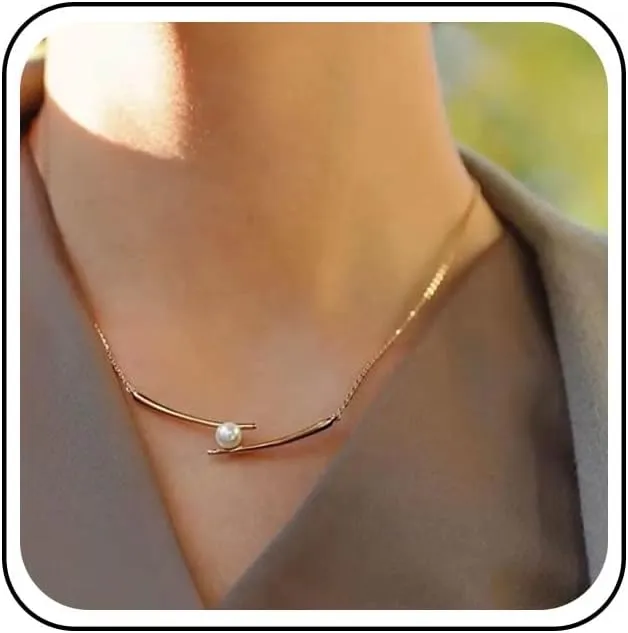 Boho Pearl Choker Necklace, Gold Curved Bar Pendant, Retro Pearl Necklace for Women