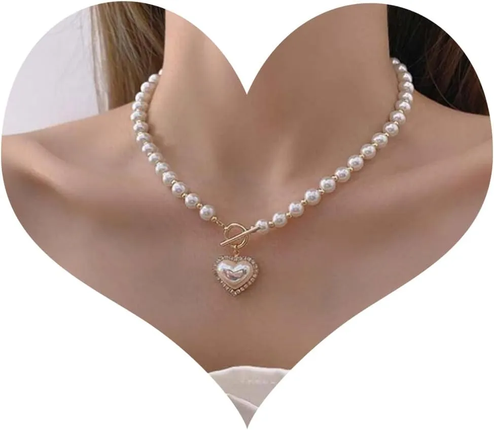 Boho Pearl Heart Choker Necklace Puffy Heart Pendant Necklace Vintage Gold Pearl Chain Necklace Pearl Toggle Clasp Necklace Chain Jewelry for Women