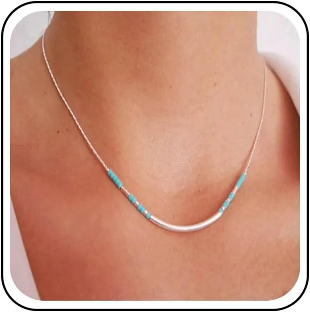 Boho Turquoise Bead Choker Necklace Silver Curved Bar Necklace Skinny Tube Bar Floating Necklace Minimal Necklace Chain Jewelry for Women