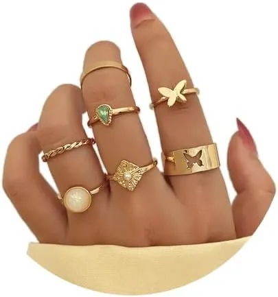 Boho Turquoise Knuckle Rings Set Green Jade Rhinestone Ring Sets for Women Stackable Gold Crystal Jade Midi Finger Rings