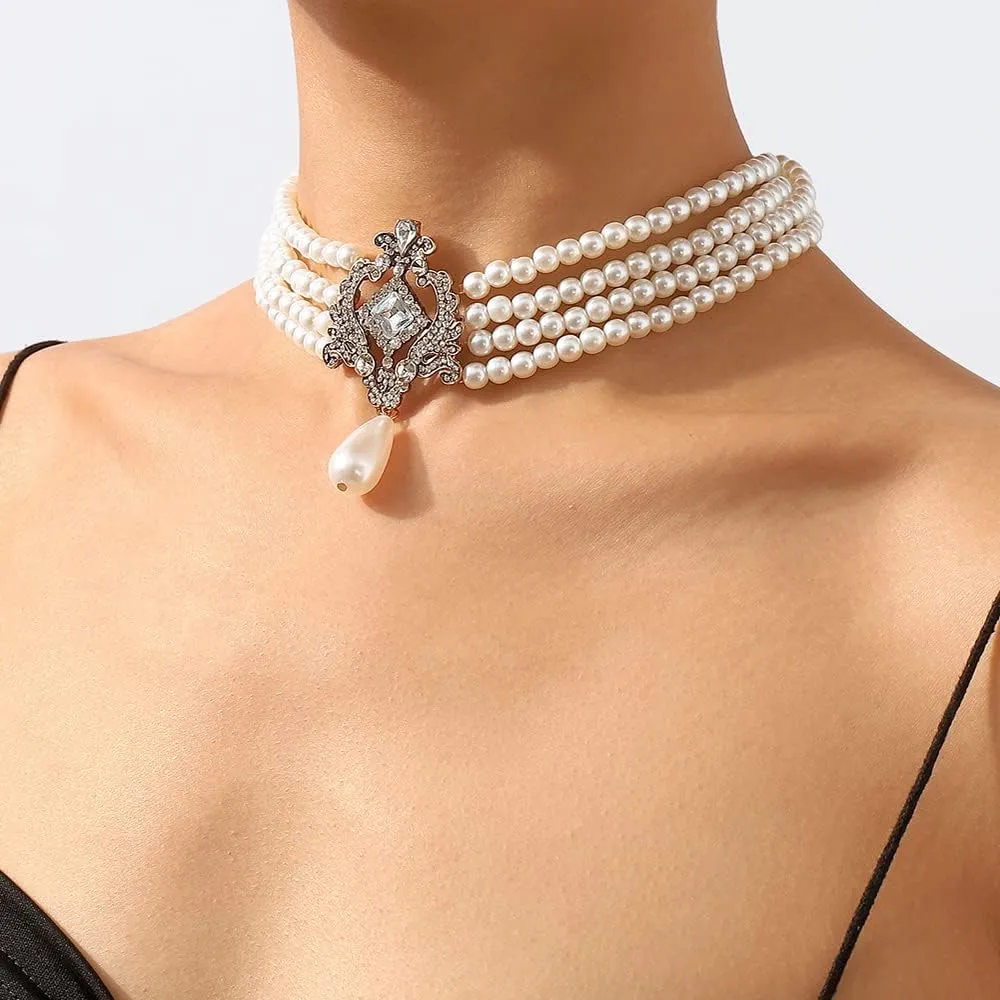 Boho Women Bridal Vintage 1920s Layered Tassels Pearl Shiny Rhinestones Choker Necklace Simple Necklaces for Women