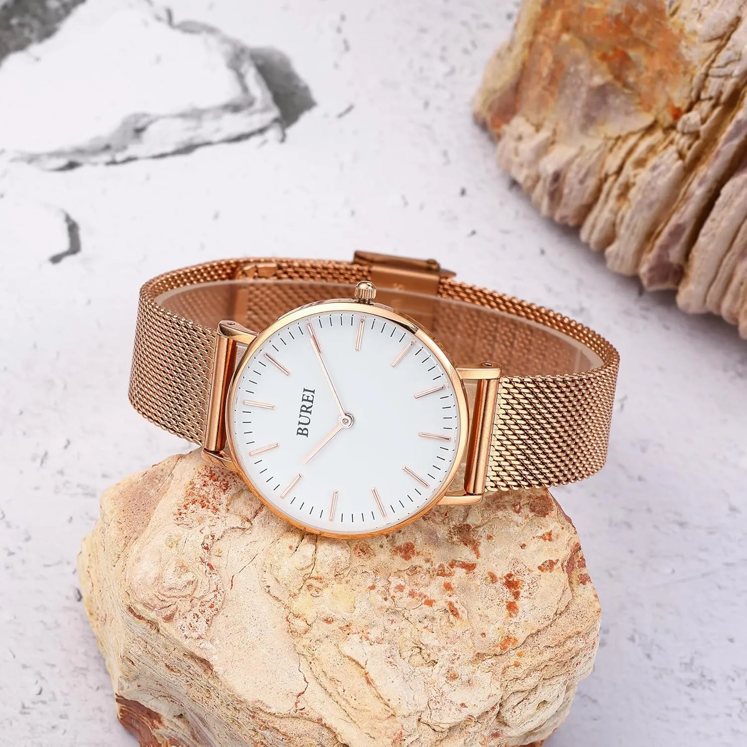 BUREI Womens Fashion Gold Stainless Steel Mesh Watch Analog Quartz Waterproof Ladies Watch Dainty Bracelet Wristwatch for Women,Gifts for Girlfriend