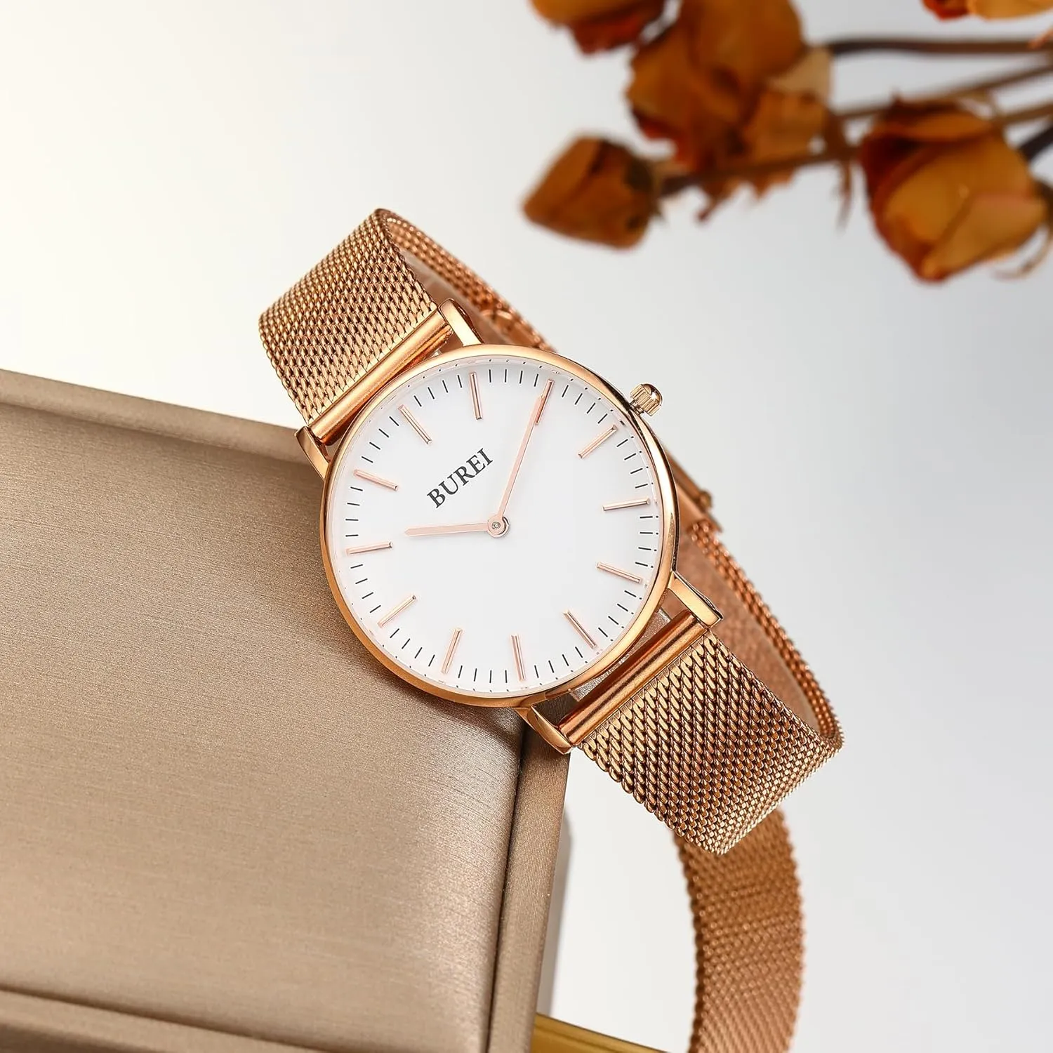 BUREI Womens Fashion Gold Stainless Steel Mesh Watch Analog Quartz Waterproof Ladies Watch Dainty Bracelet Wristwatch for Women,Gifts for Girlfriend