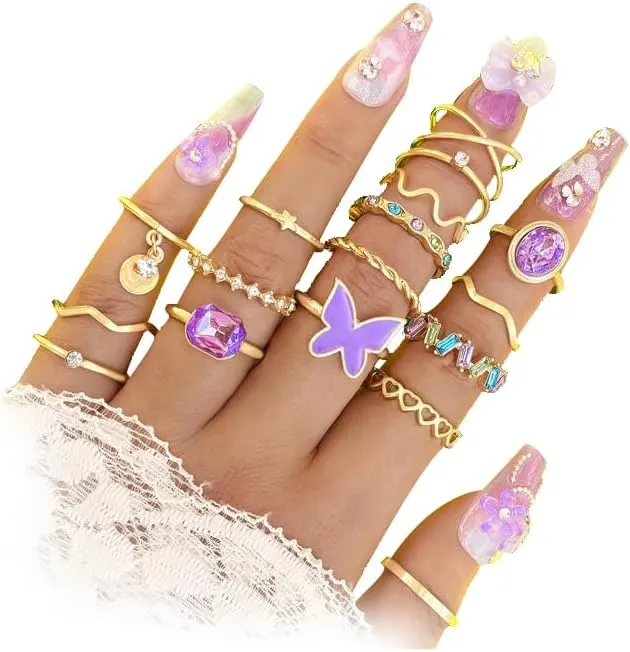 Butterfly Crystal Knuckle Rings Set for Women Teen Girls Vintage Boho Gold Stackable Rings Dainty Joint Finger Nail Ring Lightweight Jewelry Gift