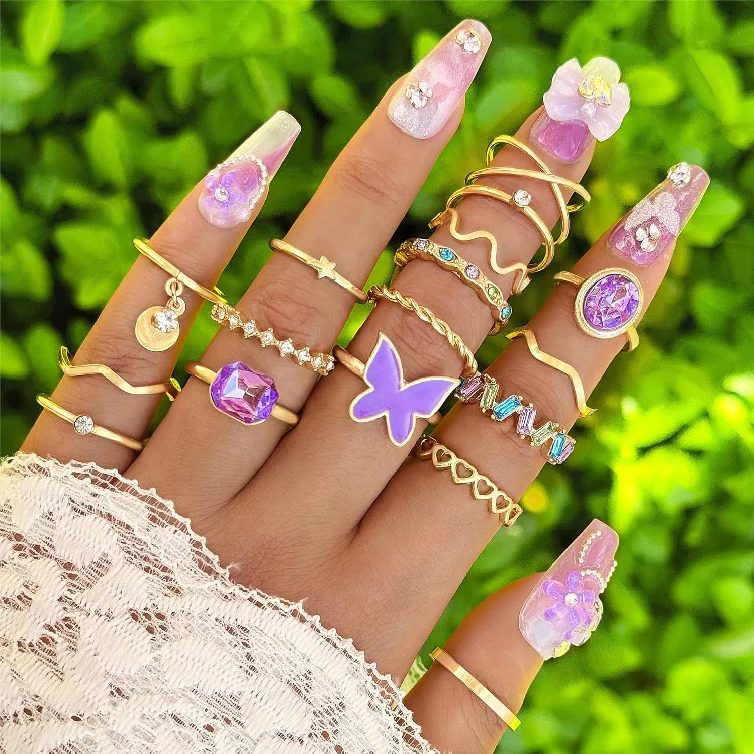 Butterfly Crystal Knuckle Rings Set for Women Teen Girls Vintage Boho Gold Stackable Rings Dainty Joint Finger Nail Ring Lightweight Jewelry Gift