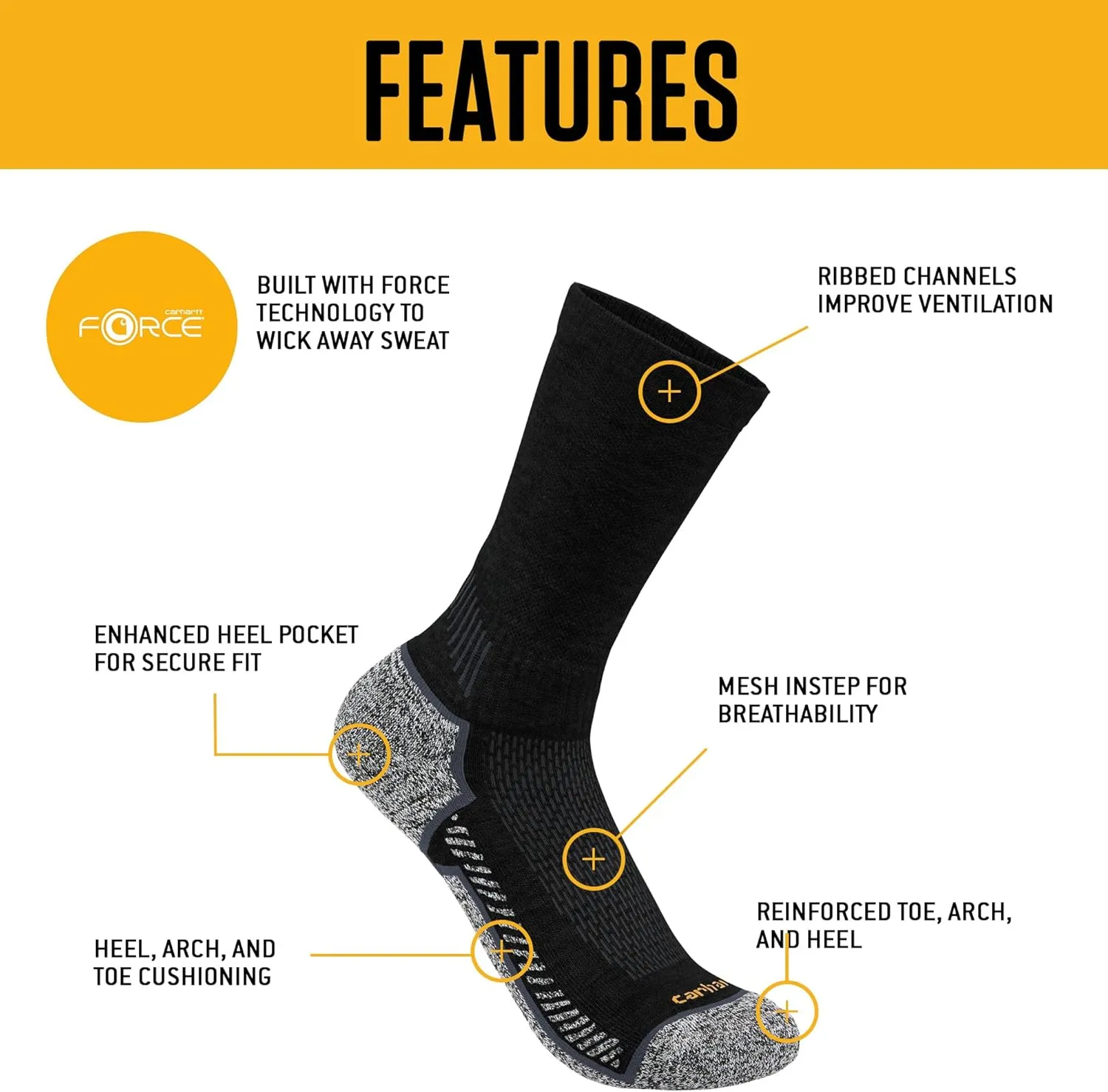 Carhartt Men's Force Performance Work Socks 3 Pair Pack