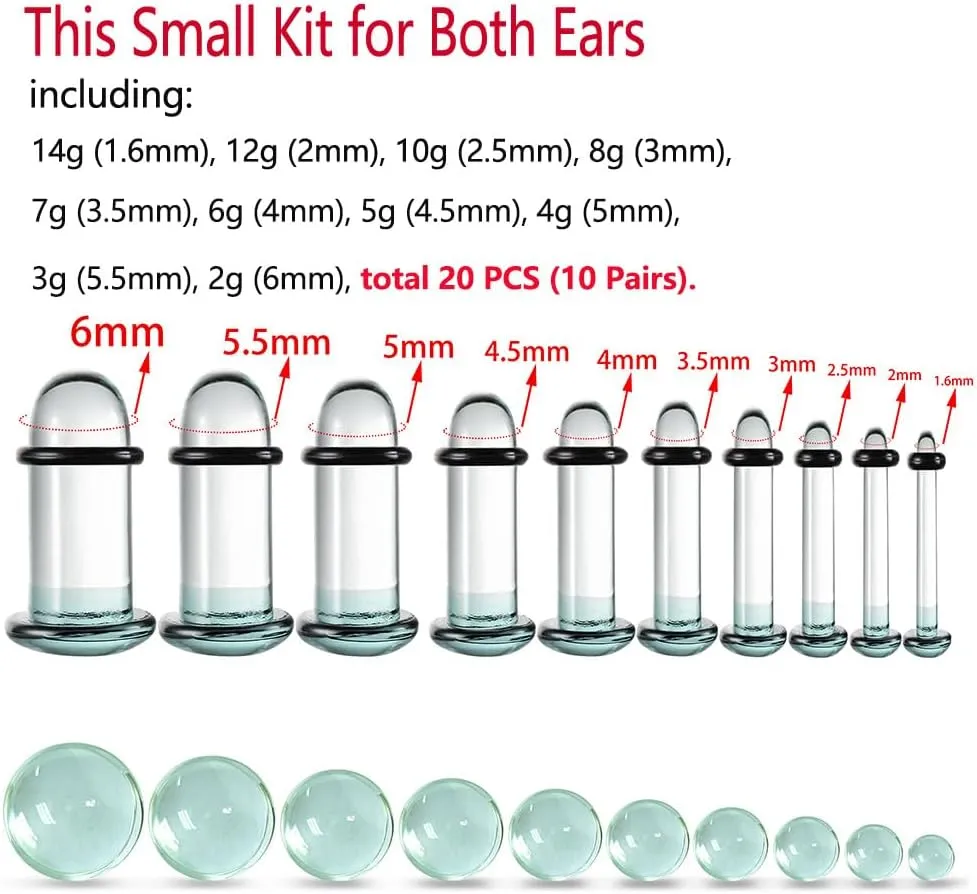 Casvort Unique 0.5mm Increments 14G-00g Comfy Pain-free Single Flare Glass Dead Stretching Plugs, Hypoallergenic Body Piercing Tapers, Pierced Ear Lobe Stretching Kits.