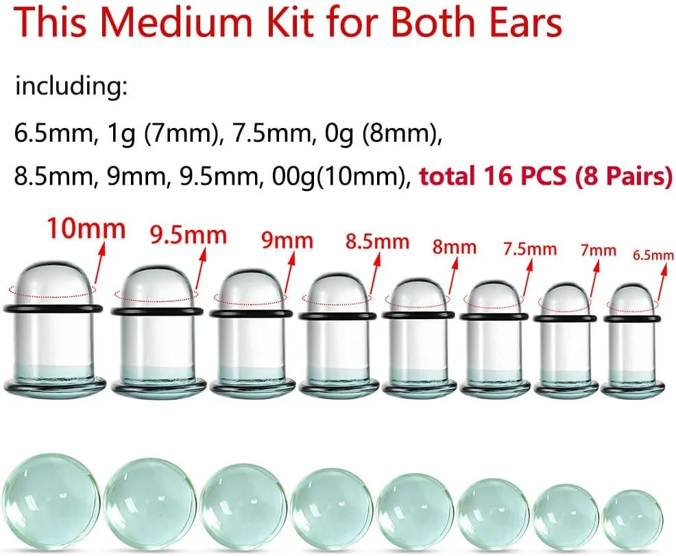 Casvort Unique 0.5mm Increments 14G-00g Comfy Pain-free Single Flare Glass Dead Stretching Plugs, Hypoallergenic Body Piercing Tapers, Pierced Ear Lobe Stretching Kits.