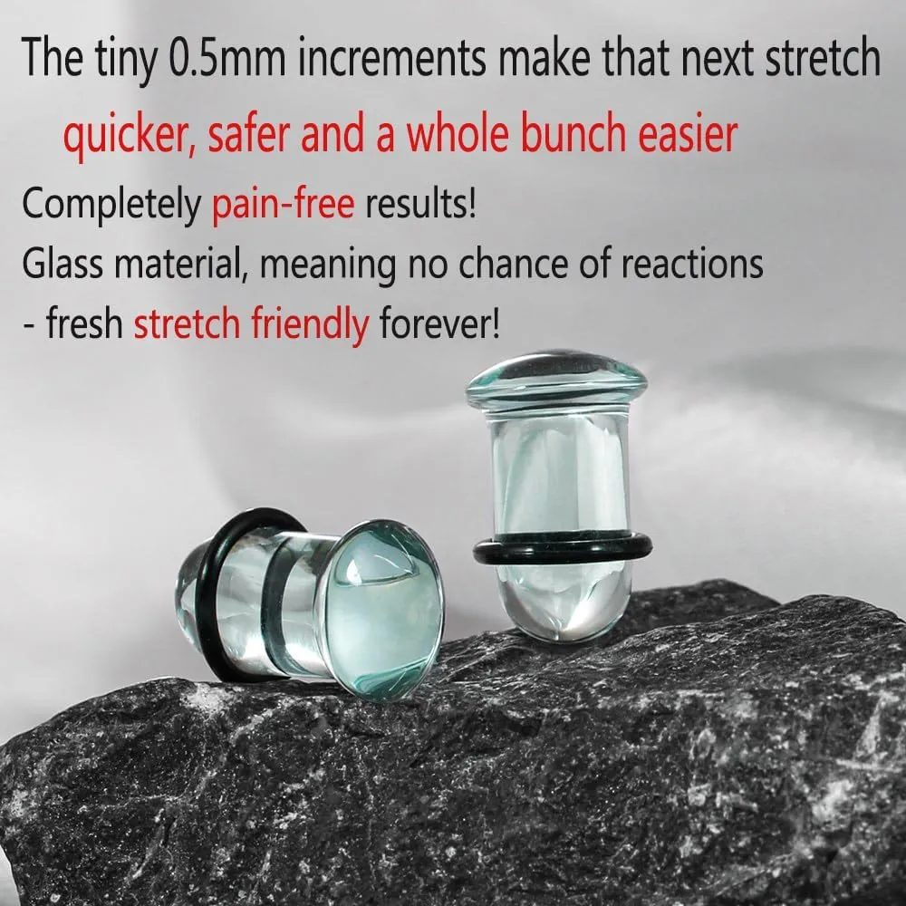 Casvort Unique 0.5mm Increments 14G-00g Comfy Pain-free Single Flare Glass Dead Stretching Plugs, Hypoallergenic Body Piercing Tapers, Pierced Ear Lobe Stretching Kits.