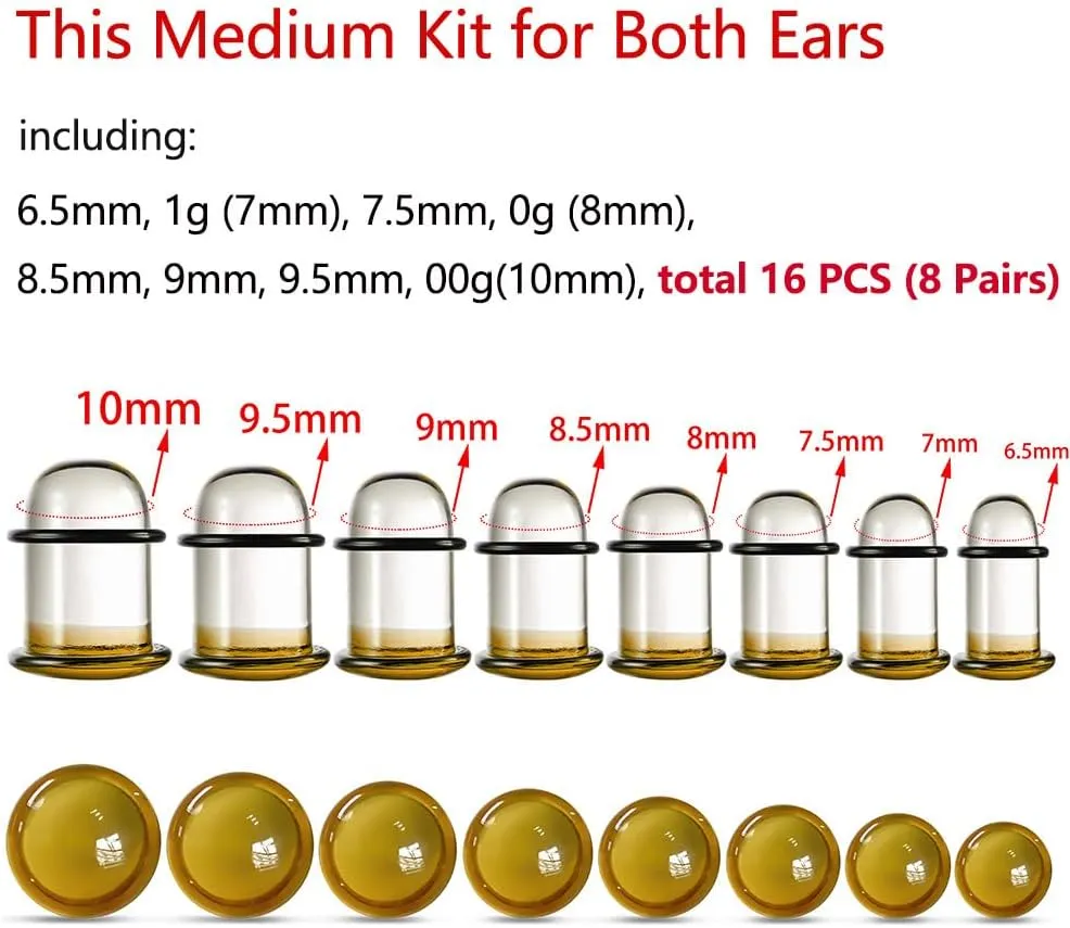 Casvort Unique 0.5mm Increments 14G-00g Comfy Pain-free Single Flare Glass Dead Stretching Plugs, Hypoallergenic Body Piercing Tapers, Pierced Ear Lobe Stretching Kits.