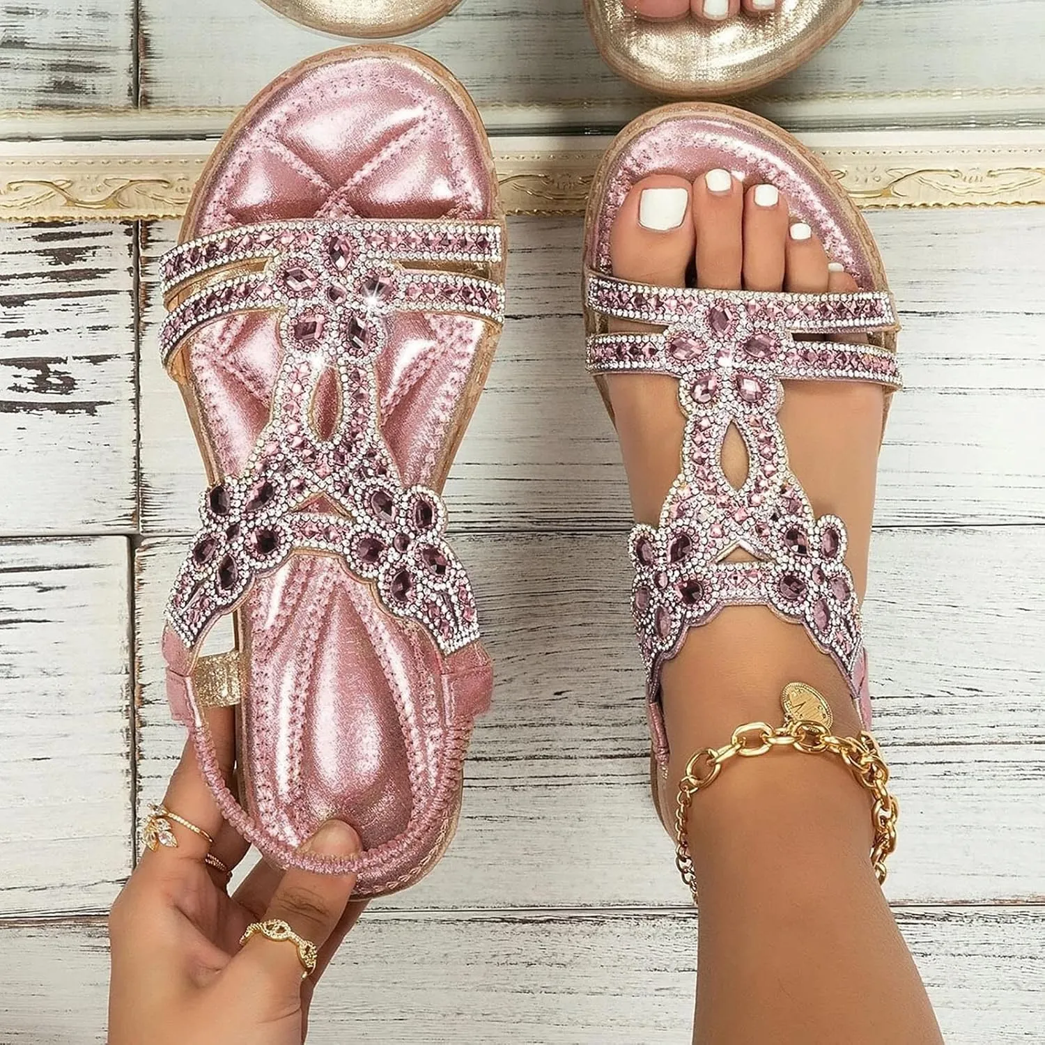 Cathalem Sandals for Women Dressy Summer,Women Flat Sandals with Ankle Strap Open Toe Flat Sandals Beach Sandals