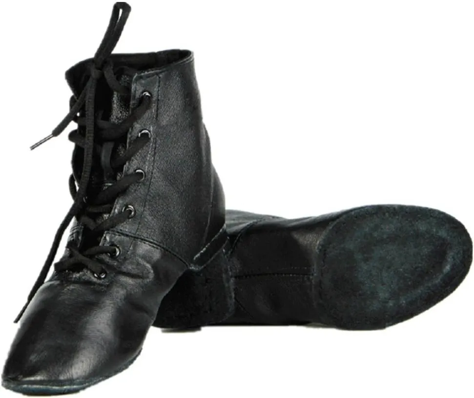 Cheapdancing Childrens Practice Dancing Shoes Soft Leather Flat Lace-up Jazz Boots (Little Kid/Big Kid) (4.5) Black