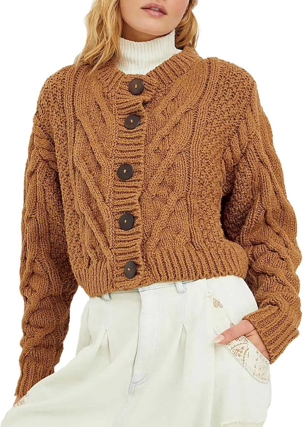 Chunky Knitted Crochet Cardigan Sweaters for Women Crewneck Long Sleeve Button Down Jackets Casual Open Front Coat