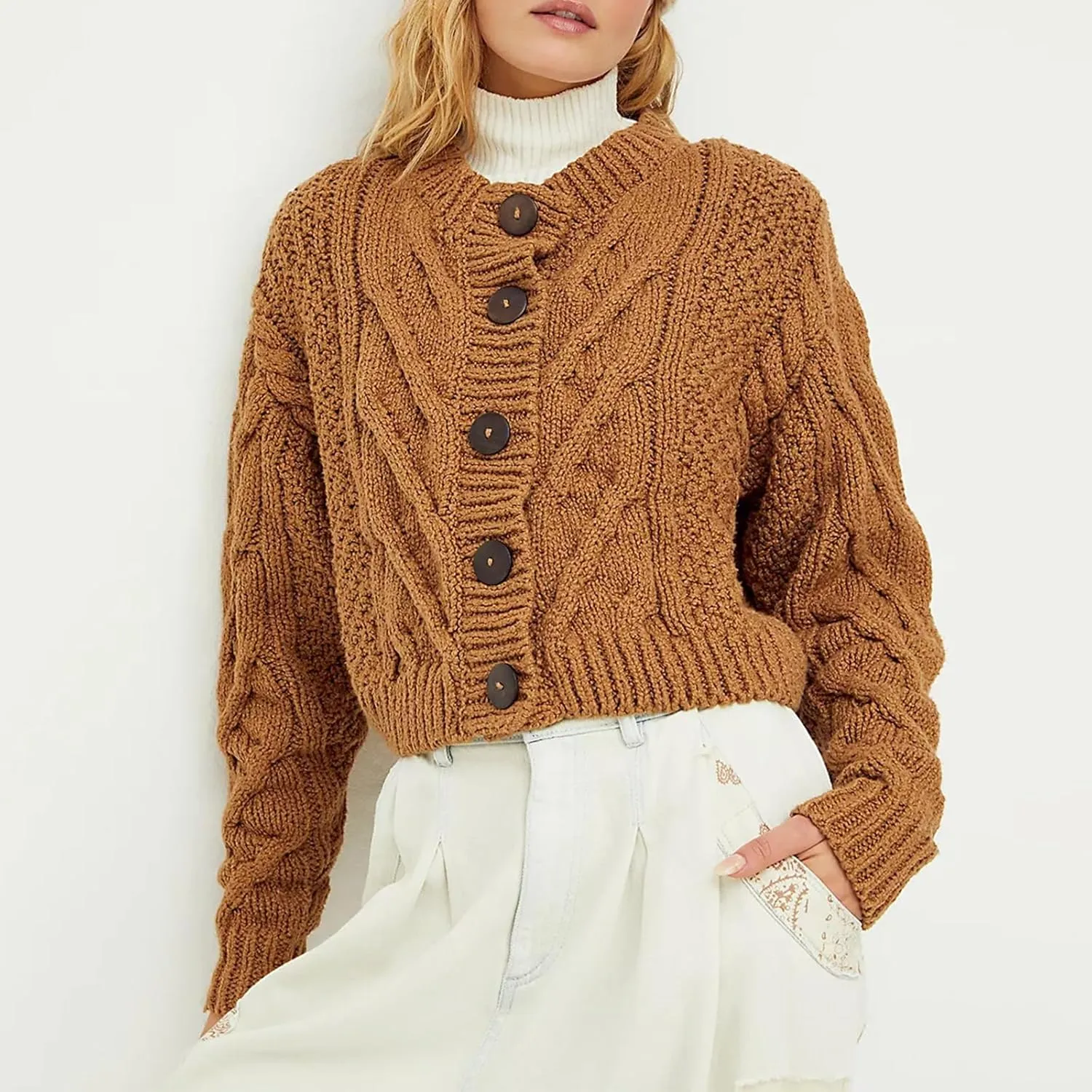 Chunky Knitted Crochet Cardigan Sweaters for Women Crewneck Long Sleeve Button Down Jackets Casual Open Front Coat