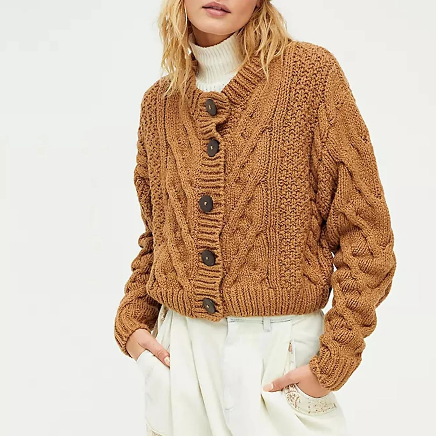 Chunky Knitted Crochet Cardigan Sweaters for Women Crewneck Long Sleeve Button Down Jackets Casual Open Front Coat