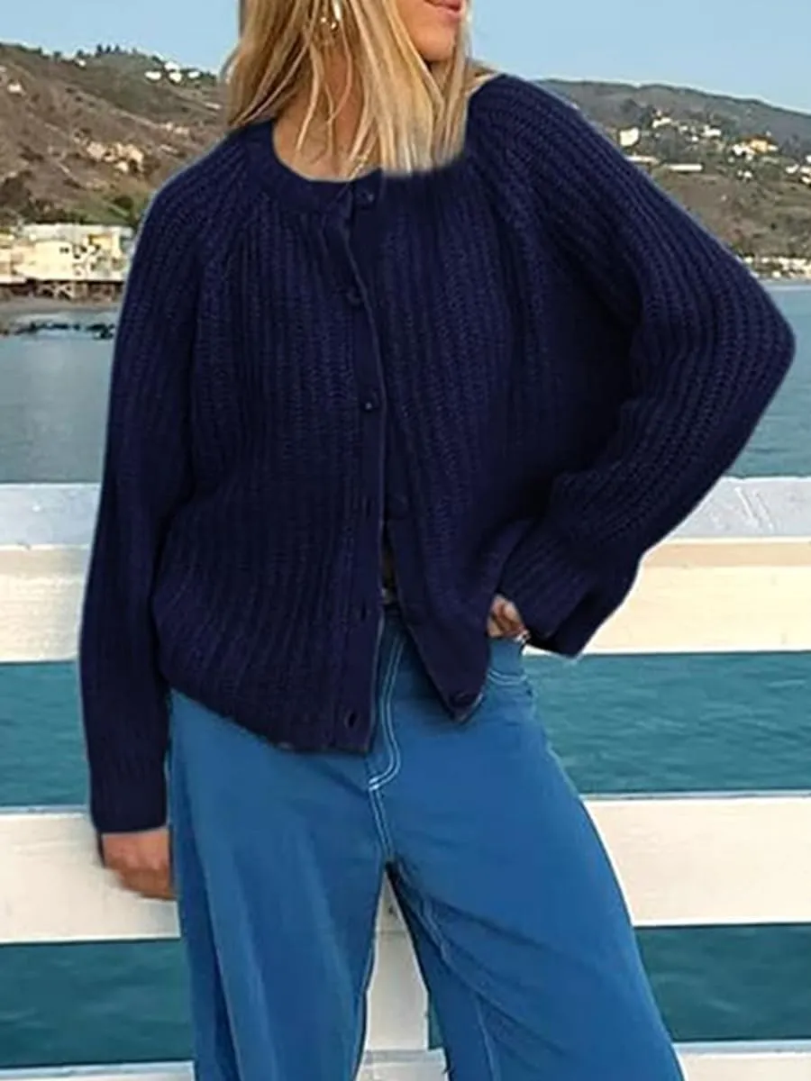 Chunky Knitted Crochet Cardigan Sweaters for Women Crewneck Long Sleeve Button Down Jackets Casual Open Front Coat