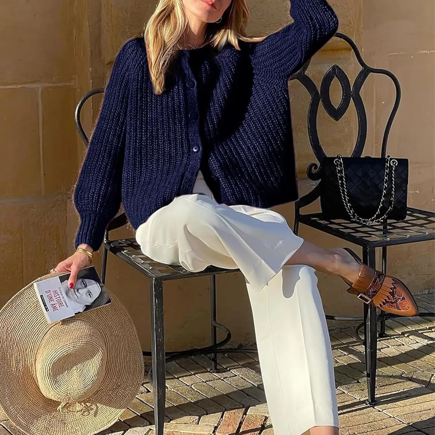 Chunky Knitted Crochet Cardigan Sweaters for Women Crewneck Long Sleeve Button Down Jackets Casual Open Front Coat