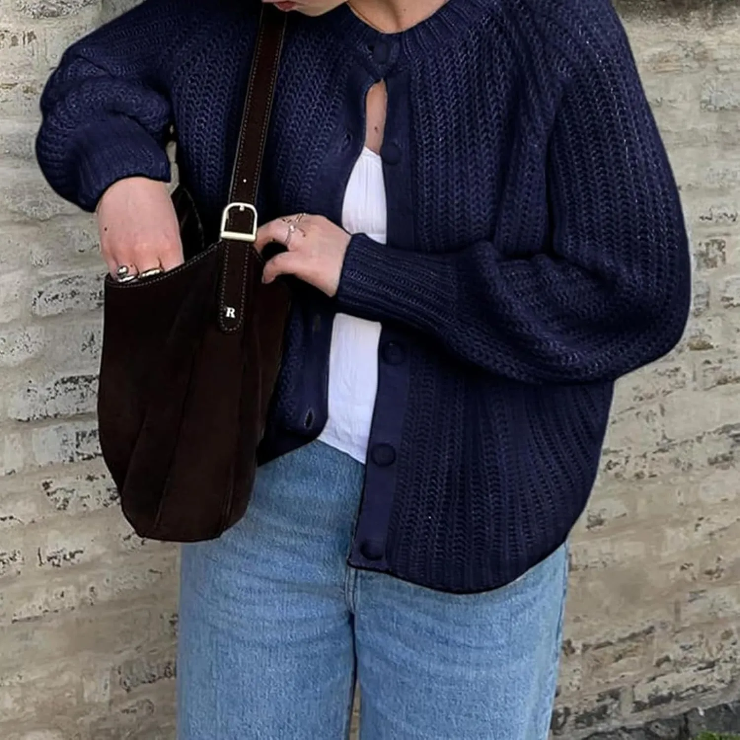 Chunky Knitted Crochet Cardigan Sweaters for Women Crewneck Long Sleeve Button Down Jackets Casual Open Front Coat