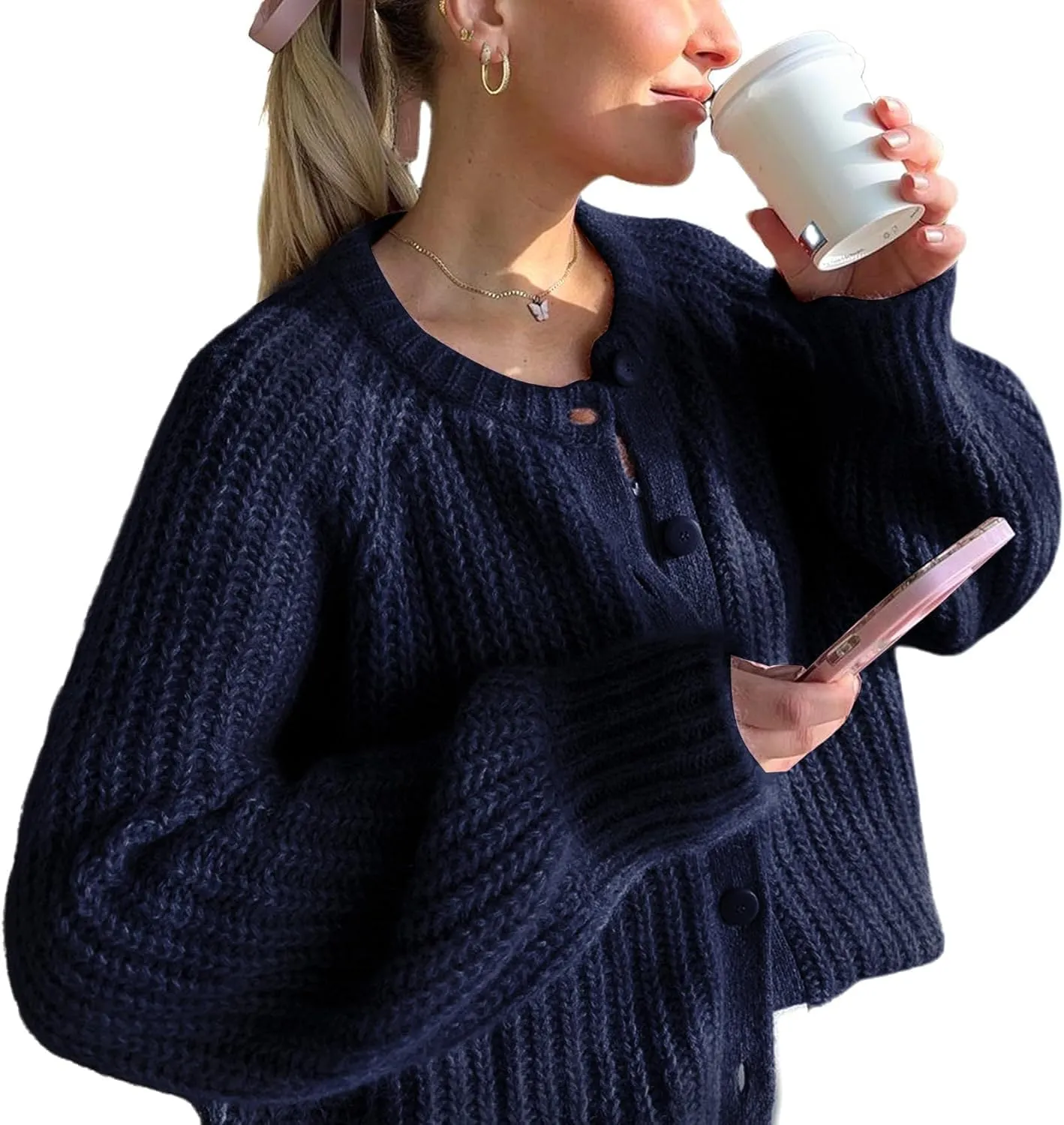 Chunky Knitted Crochet Cardigan Sweaters for Women Crewneck Long Sleeve Button Down Jackets Casual Open Front Coat